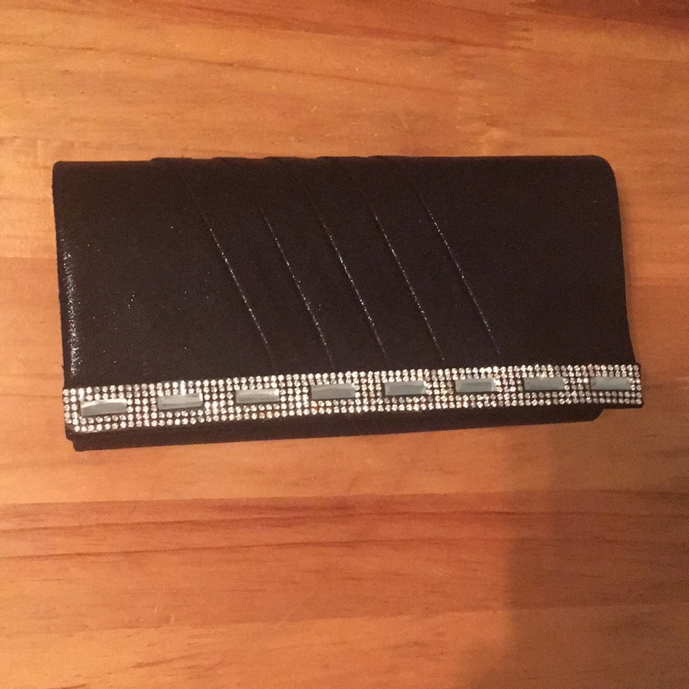 Black Evening Clutch/Crossbody Purse with a Rhinestone and Baguette Crystal Trim